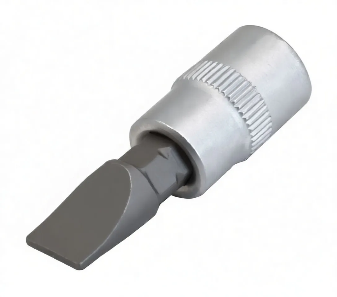 Angled view of a slotted bit and hex shank fitted into a silver knurled socket adapter, showing the blade tip and socket detail