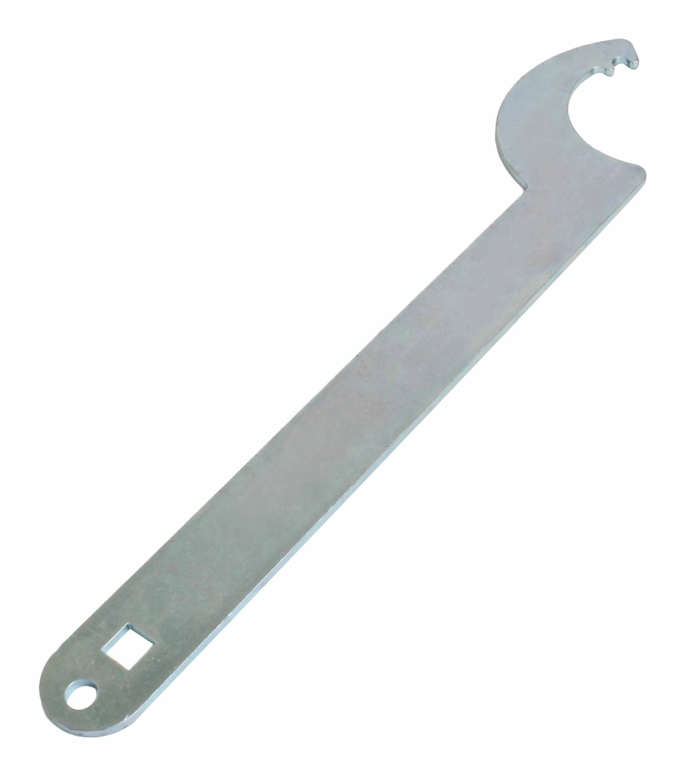 Top view of flat metal door glass wrench showing hook end and square drive and round holes