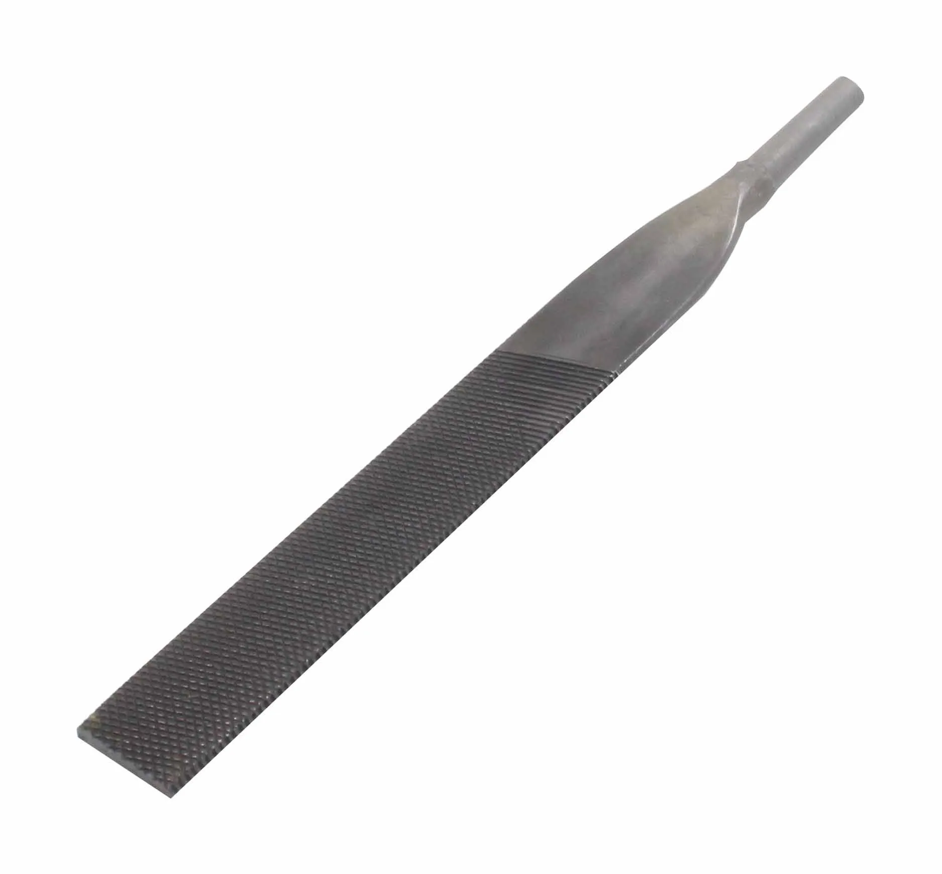 Top-angle view of a flat steel file showing diamond-cut teeth along the blade and a smooth shank leading to the tang.