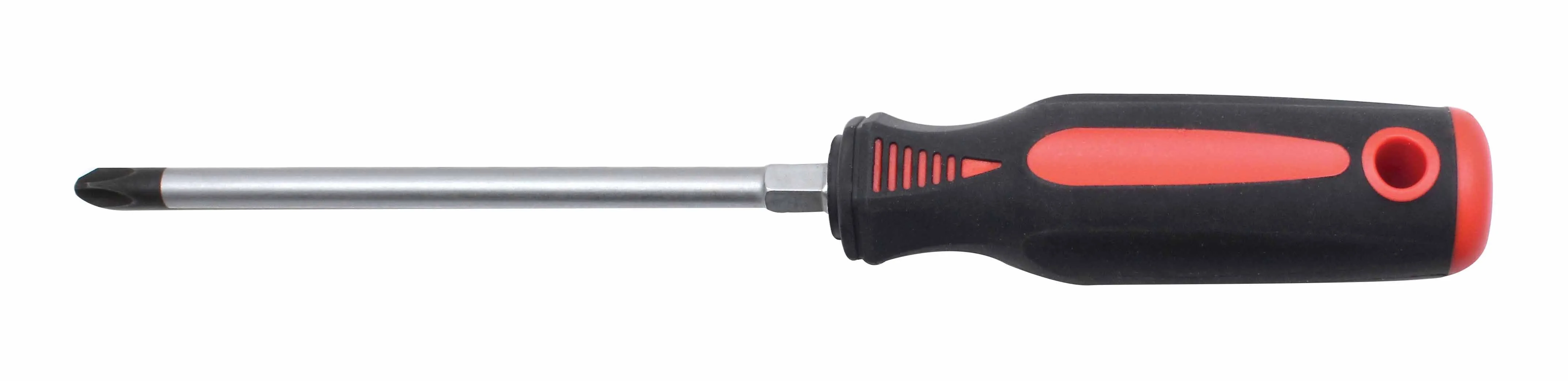 Side profile of whole screwdriver with long shaft, hex section near handle, and black/red ergonomic grip