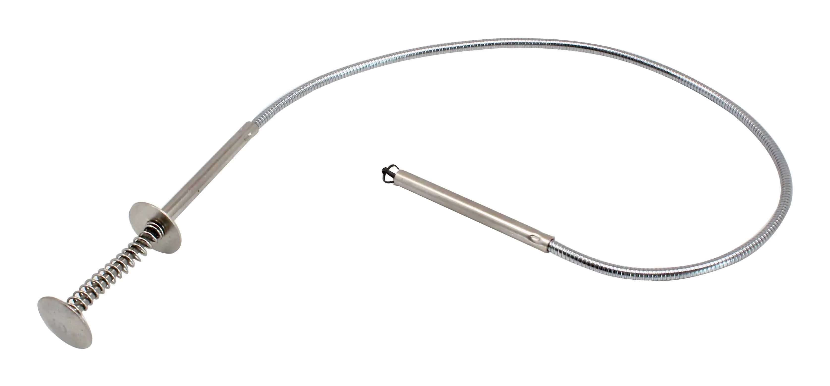 Curved chrome flexible shaft pick-up tool with claw on one end and spring plunger on the other
