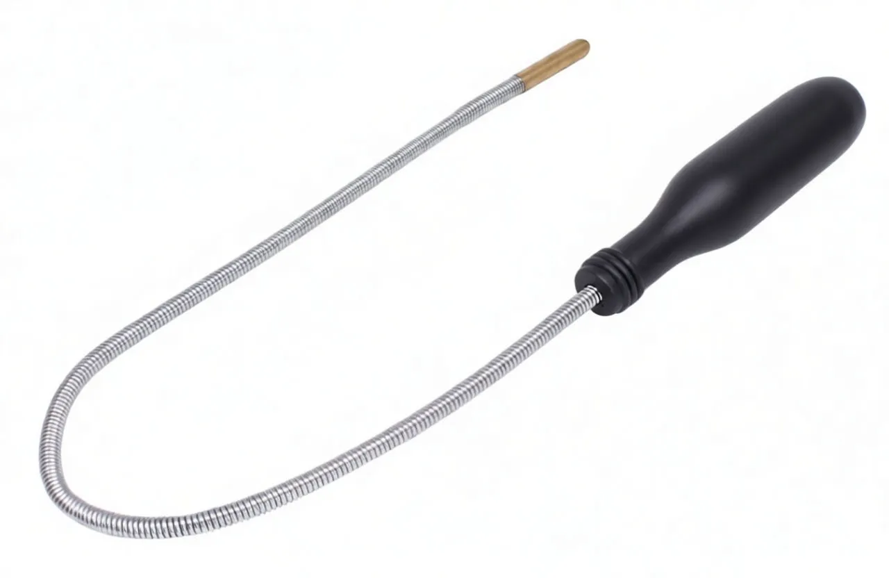 Angled view of flexible magnetic pickup tool showing full flexible shaft, brass tip and black textured handle with white brand marking.