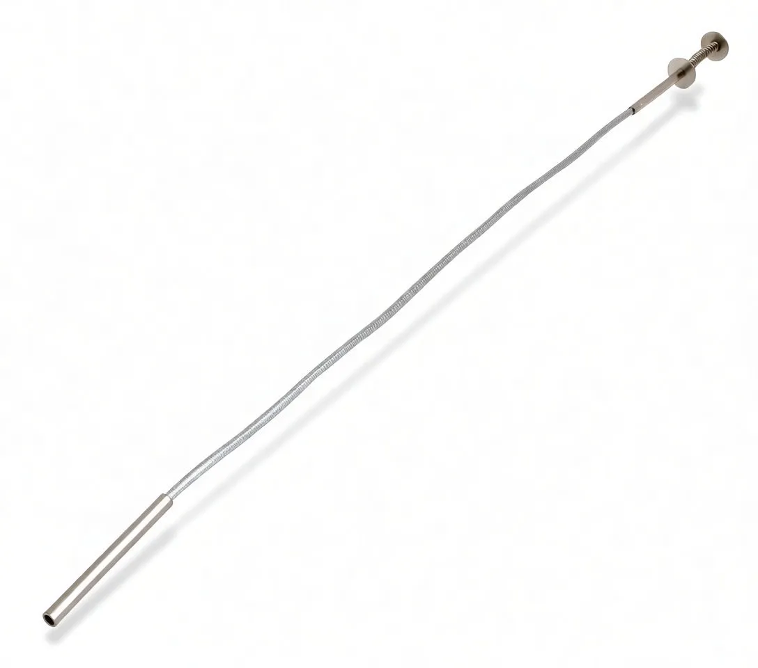 Long straight flexible pick-up tool showing tubular handle, coiled shaft and plunger with disc