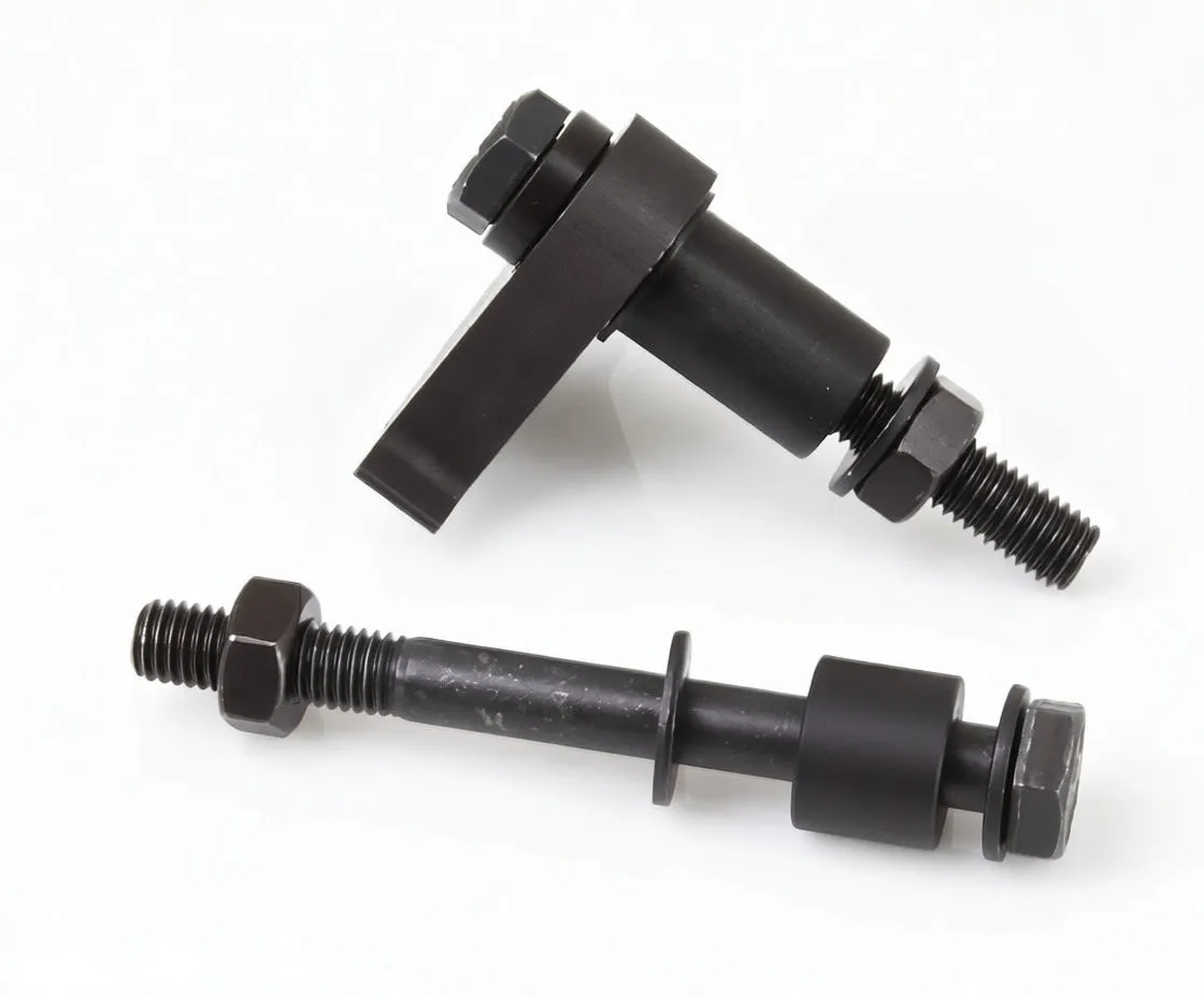 Top-down view of flywheel adjustment tool: long threaded bolt with washer and collar, plus a shorter cylindrical piece with perpendicular flange, all black steel with hex nuts and small stamped markings.