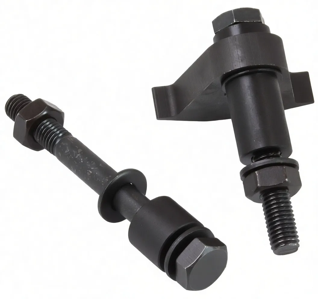 Angled photo of two black metal flywheel adjustment tool parts: threaded rod with sleeve and nuts, and a cylindrical piece with a flat engagement flange; small stamped marks visible.