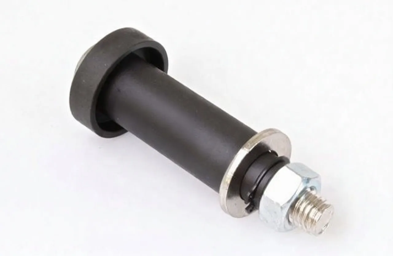 Black cylindrical pin with threaded stud, washer and nut, featuring ASTA logo