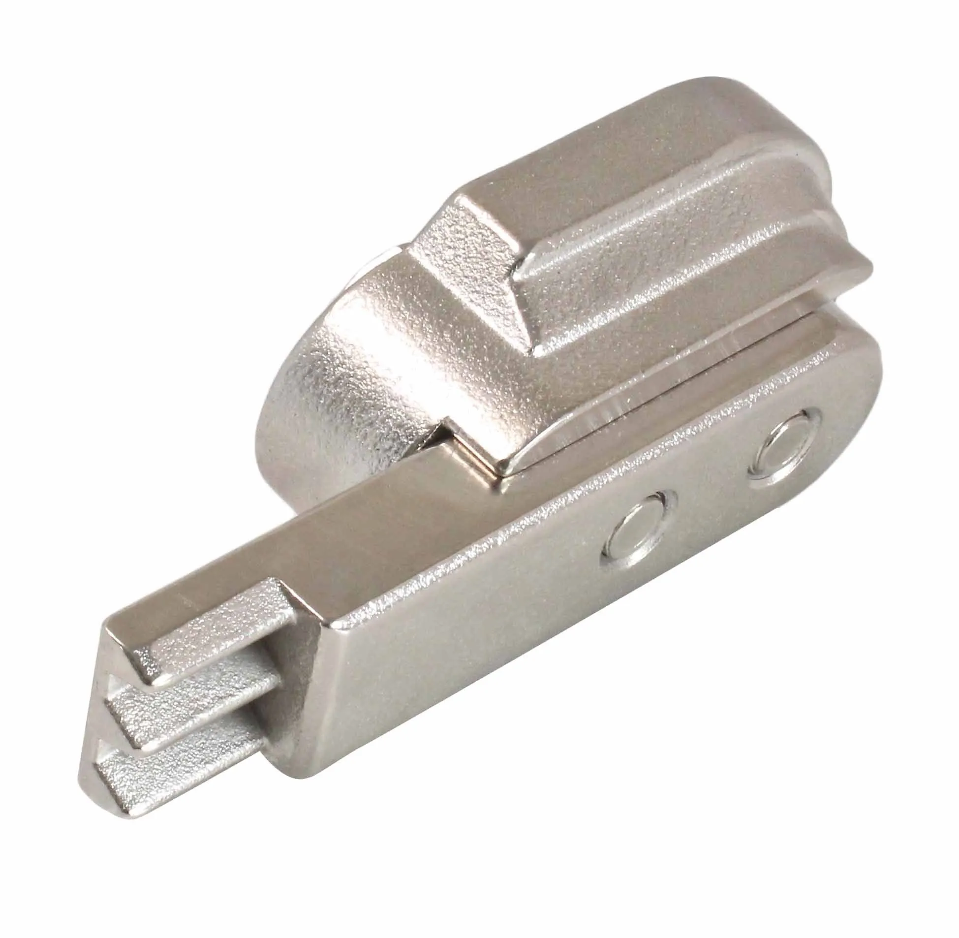 Side view of metallic flywheel holder showing notched rectangular tongue, round side plugs and textured cast housing