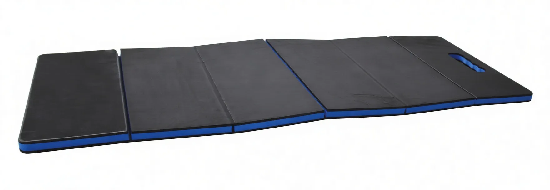 fully extended black folding mechanics mat with blue edges and visible fold lines, brand panel at one end