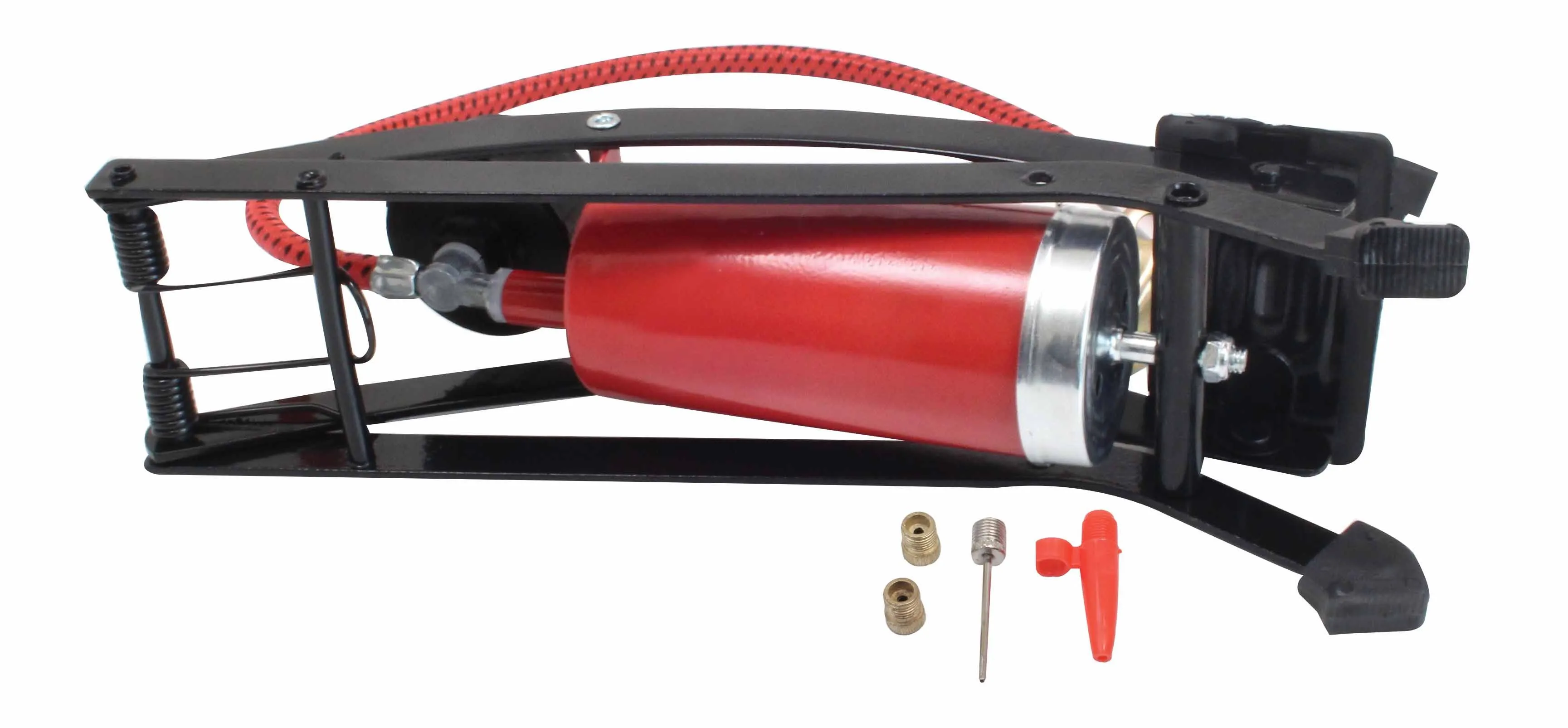 Profile close-up of red pump cylinder, piston rod and accessory nozzles (brass adapters, needle, orange cone)