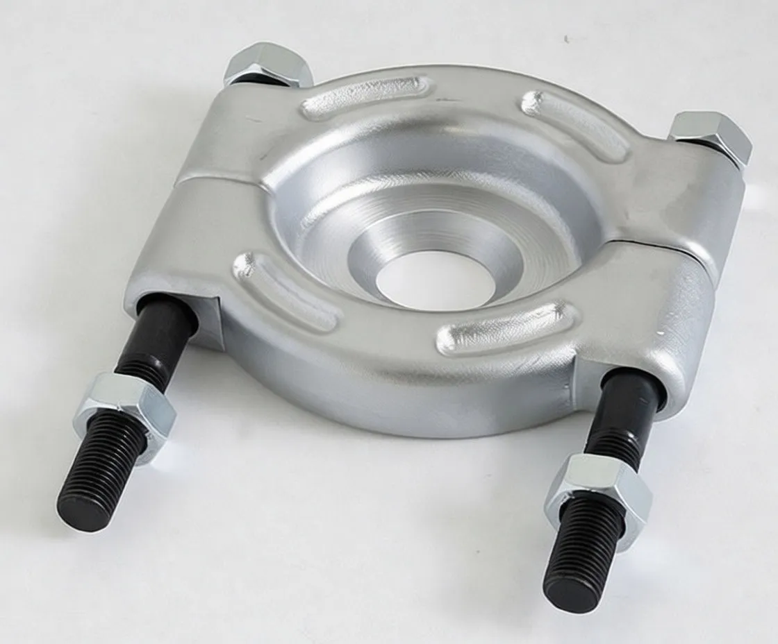 Top view of silver bearing separator showing stepped inner bore, two black bolts with nuts, and stamped "satra" marking