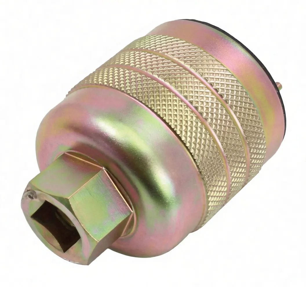 Side and bottom view of fork cap tool showing hex drive end with square recess, knurled body, and pegged open end