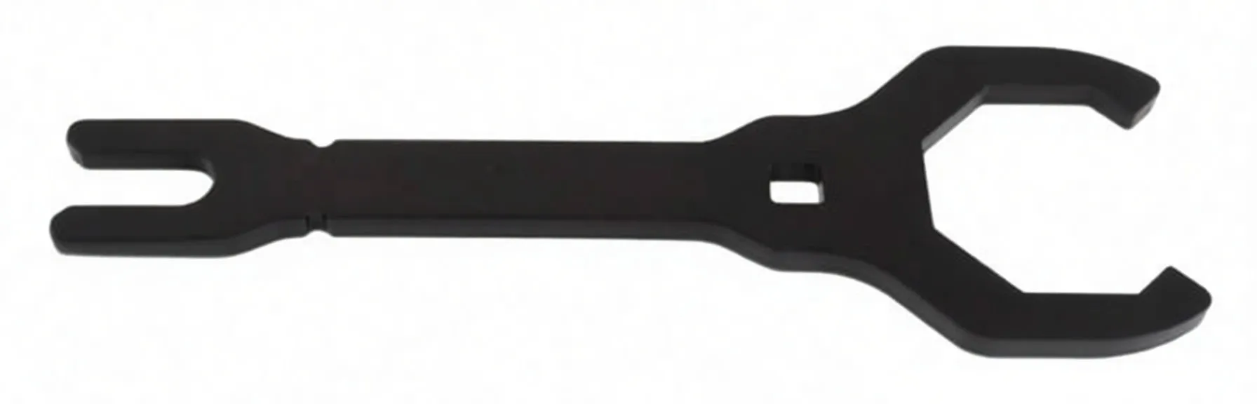 Top-down image of full black 50mm fork cap wrench showing 50 marking, square drive hole, wide fork end and two-prong opposite end