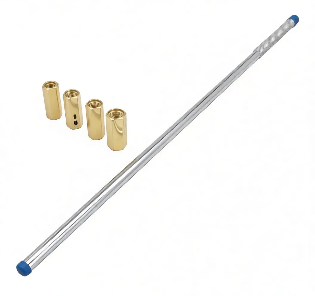 Horizontal damping rod with blue end cap at left, knurled grip at right and four brass threaded inserts centered above