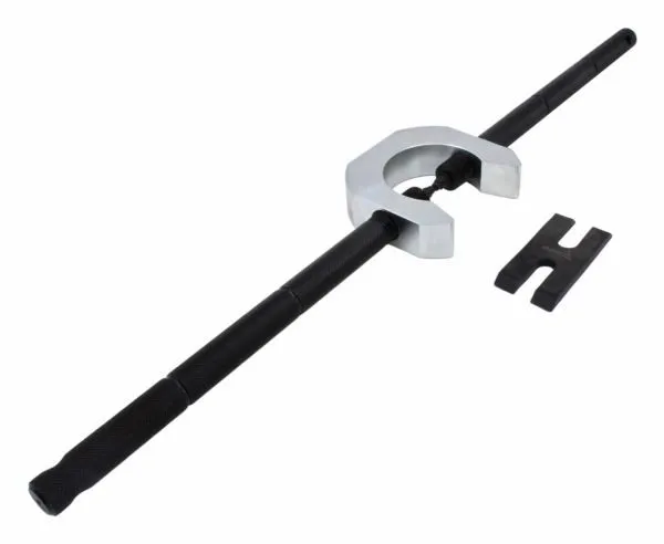 Fork tube tool partially assembled with rod through silver U-shaped clamp, additional rod and forked spacer plate nearby