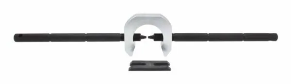 Front-on view of fork tube tool: two black rods passing through a centered silver U-shaped clamp with a black forked spacer plate beneath