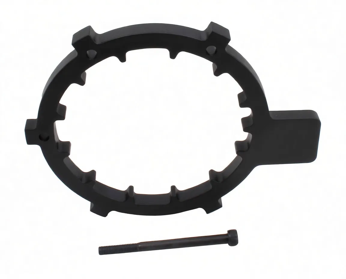 Top-down view of circular notched alignment ring with mounting boss and separate long screw