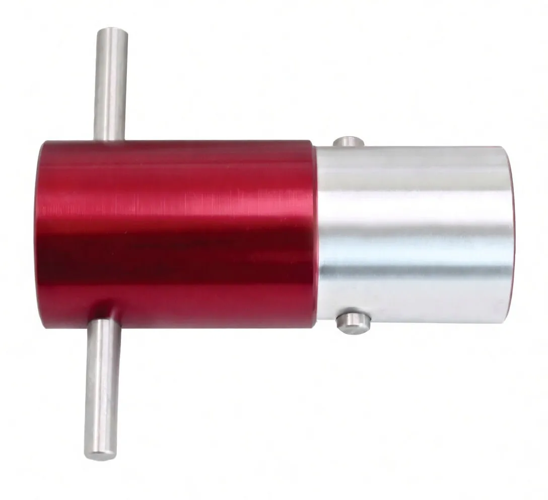 Side view of ASTA front axle alignment tool showing red branded cylinder, silver sleeve, cross rods and small fasteners