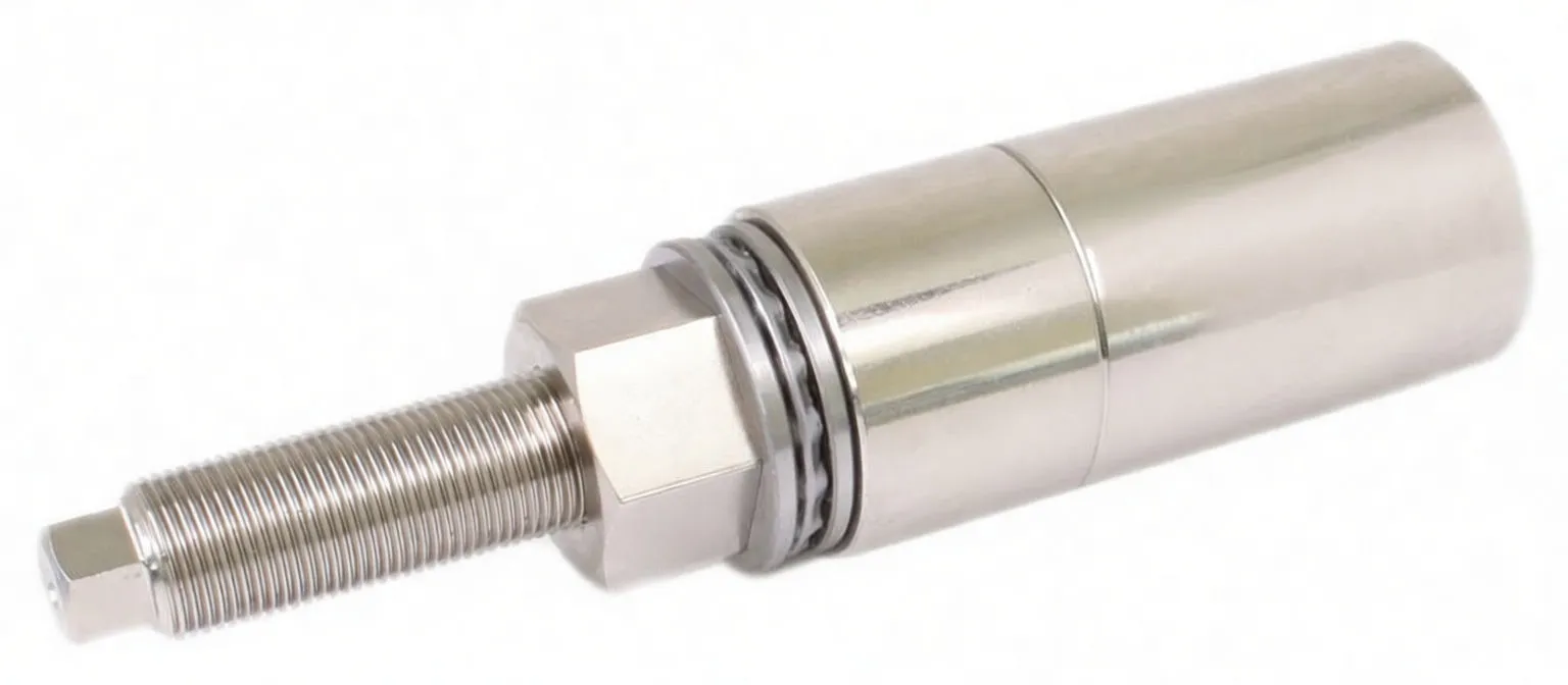 Side view of threaded shaft, hex nut, retaining rings and polished cylindrical bearing installation sleeve marked ASTA A-HBW.