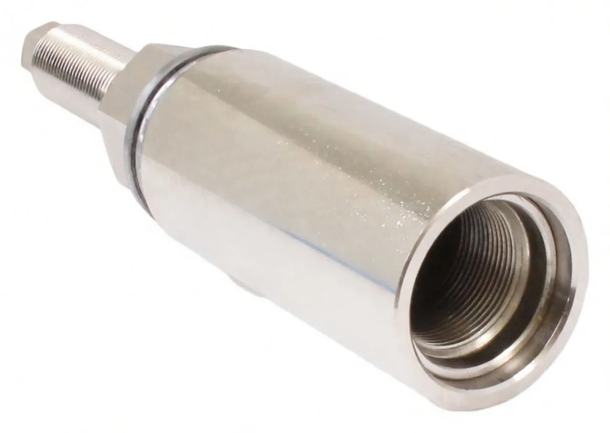 Angled shot of polished bearing installation sleeve showing hollow threaded interior, threaded stud and ASTA marking.