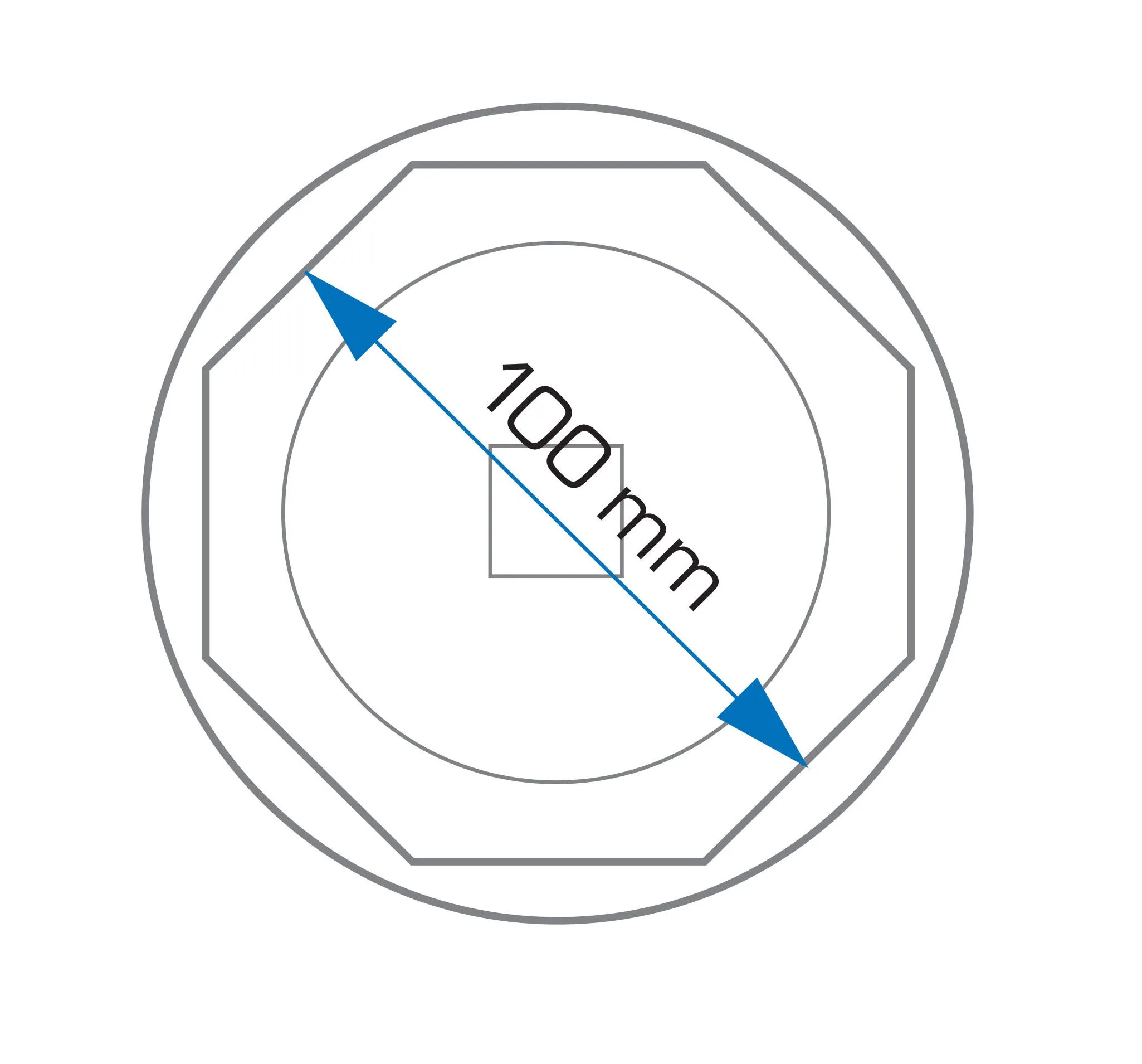 Technical top-view diagram of socket showing internal polygon and 100 mm diameter dimension