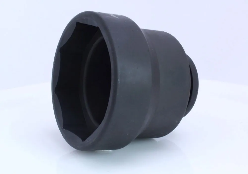 side perspective of black impact front wheel nut socket showing hex opening and stepped body