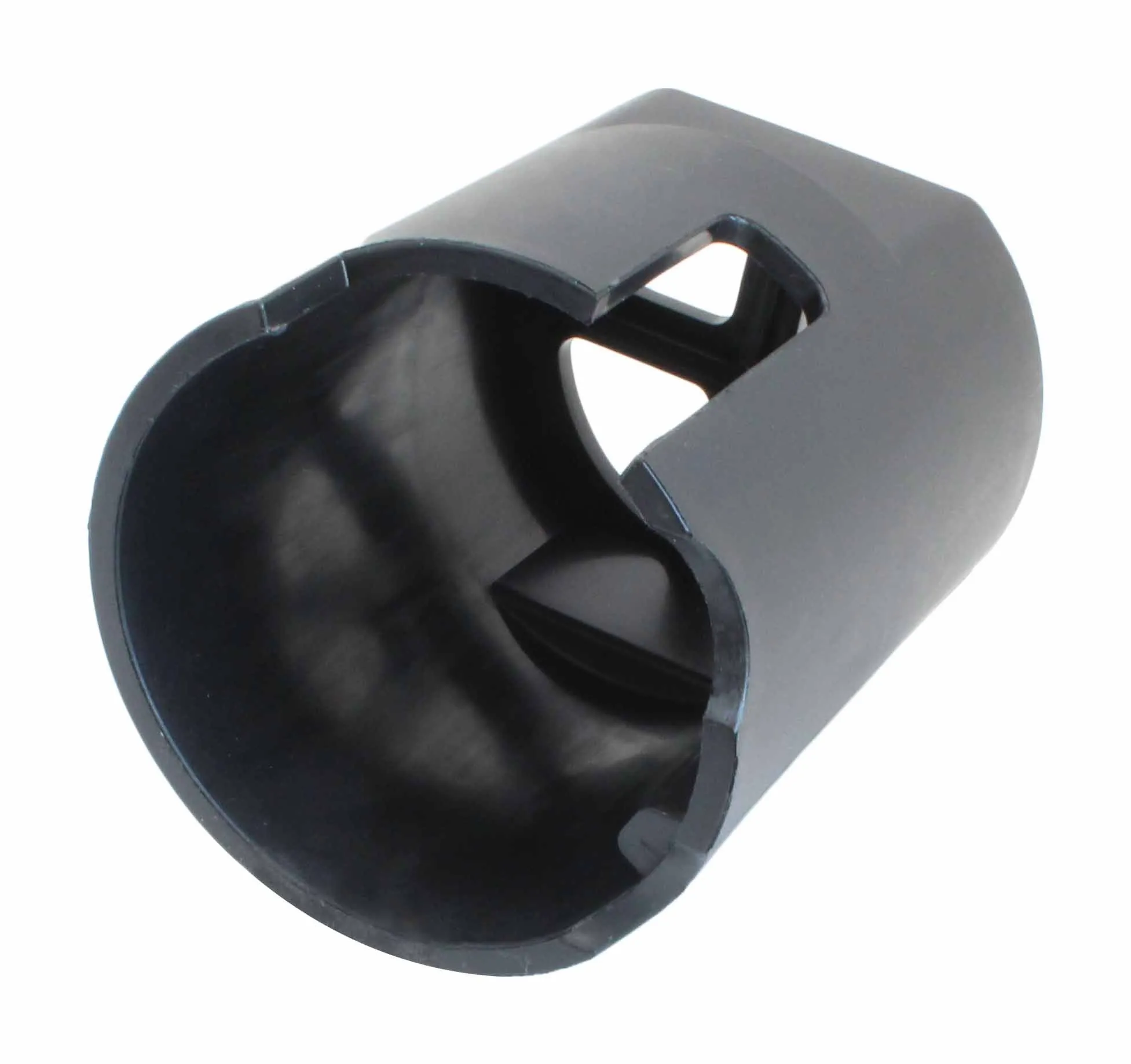 Black plastic cylindrical fuel filter socket showing interior lip, side slot and cut-out geometry