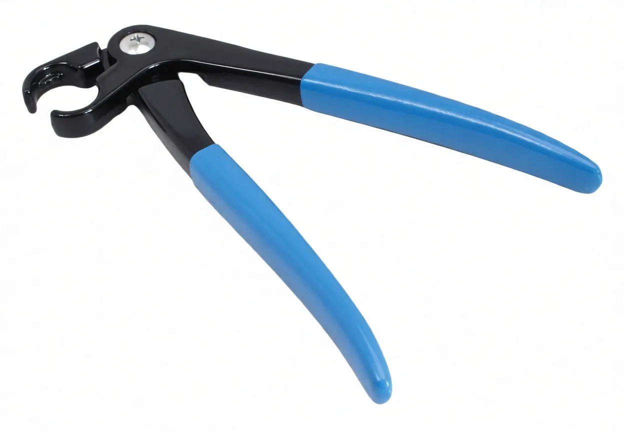 Angled top view of fuel feed pipe pliers with hooked jaws, black body and blue grips, brand text on arm.