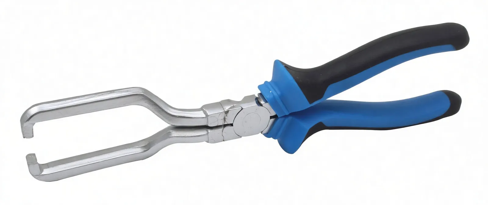 Side profile of fuel line connector pliers showing forked metal jaws, bent arms and contoured blue-and-black handles.