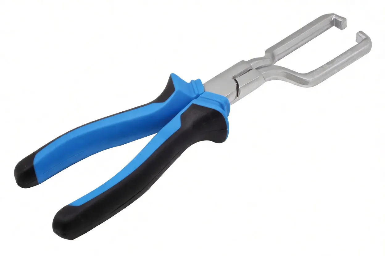 Three-quarter top view of fuel line connector pliers showing long curved handles and forked jaws with inward lips.