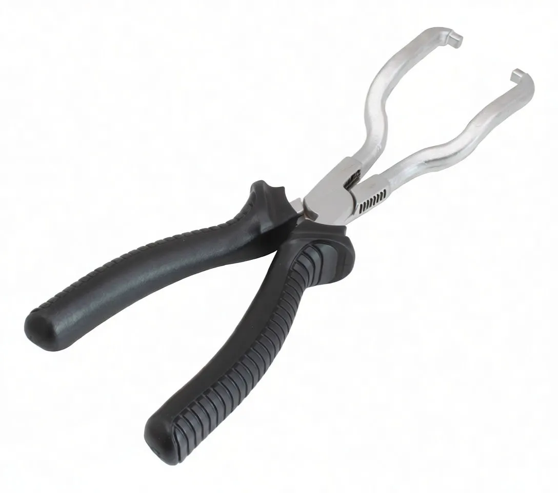 Three-quarter top view of fuel line pliers showing curved hooked jaws, pivot with stamped marking, and ribbed black handles