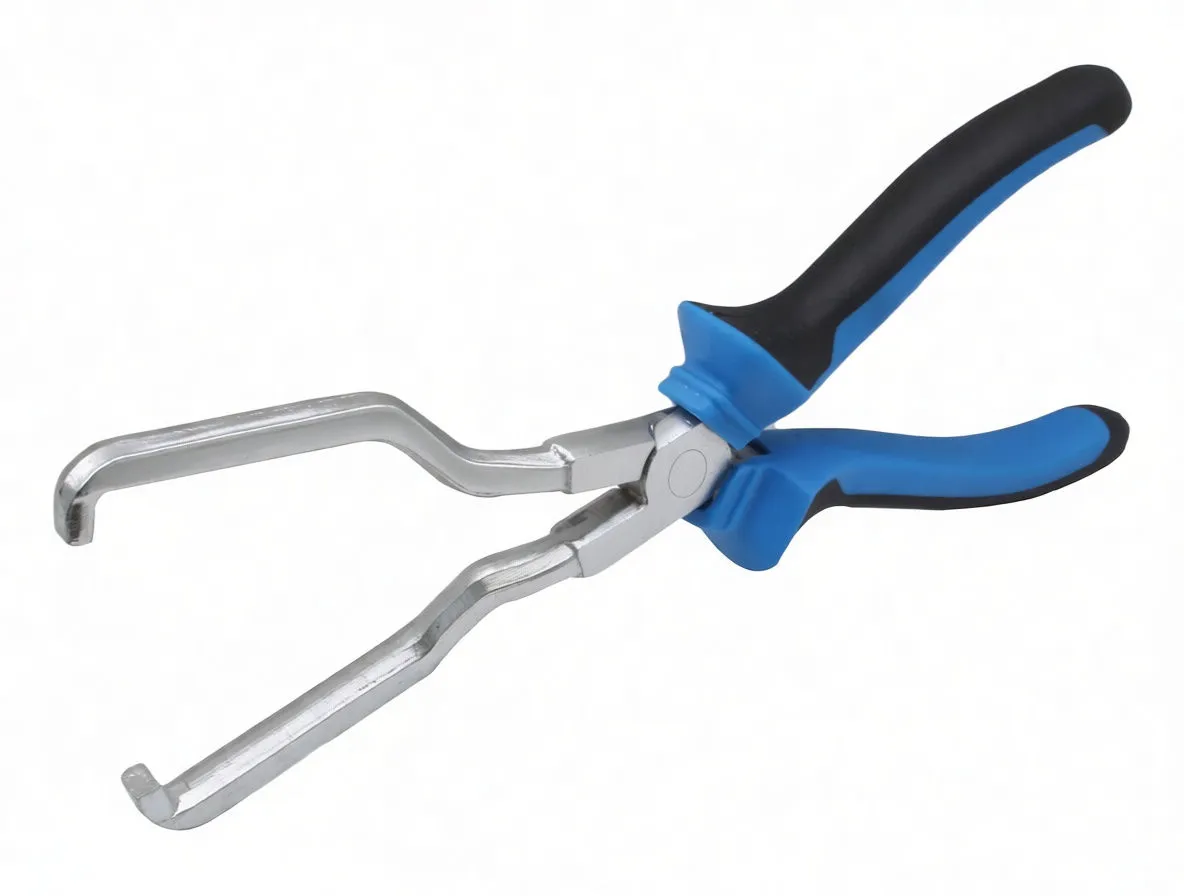 Close view of fuel line connector pliers focusing on forked jaws, hooked tips and pivot marking.