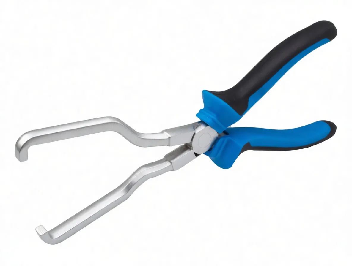 Open fuel line connector pliers with bent forked arms and blue-and-black ergonomic handles.