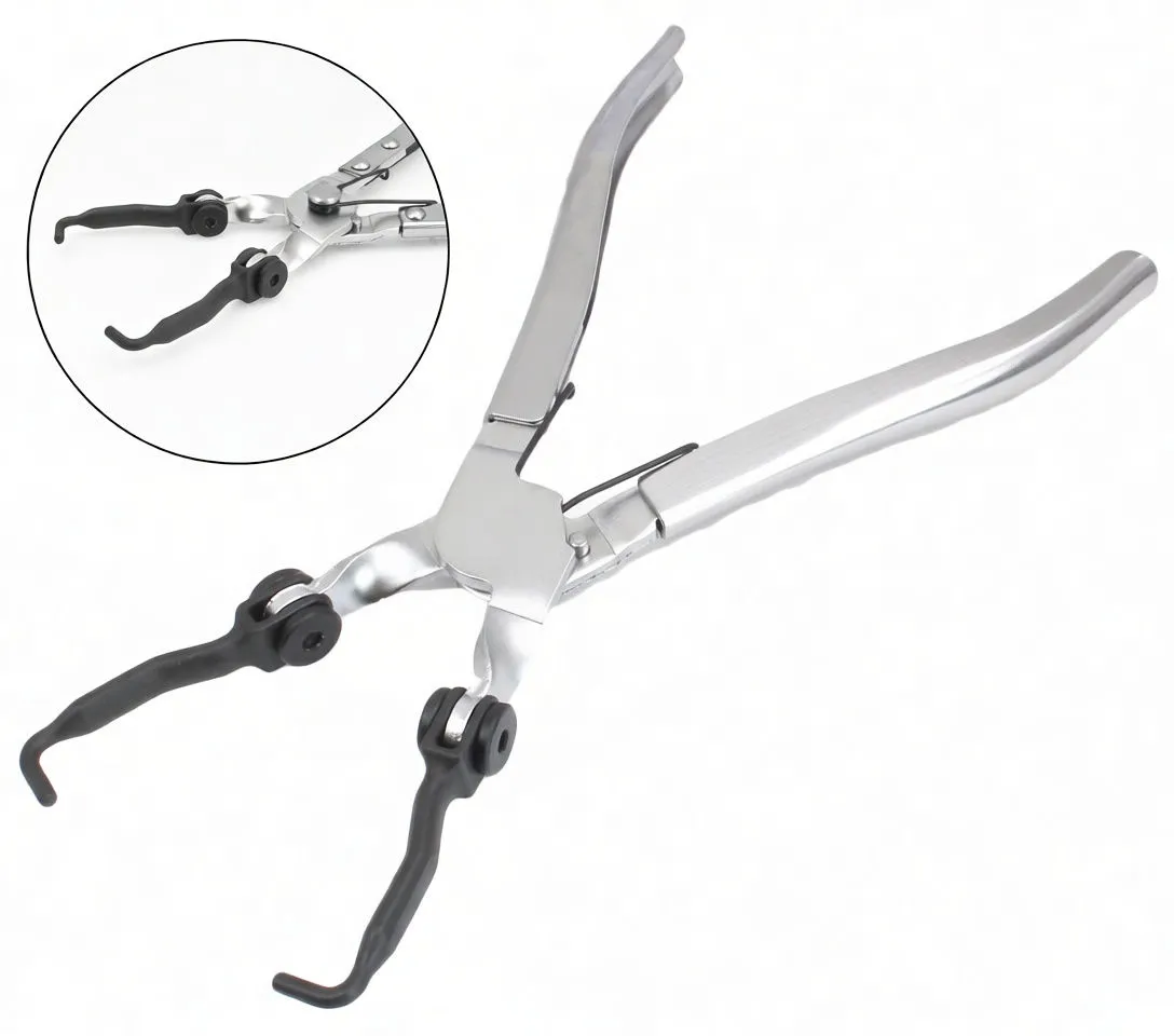 Fuel line pliers with inset close-up of black swivel hooked jaws, chrome textured handles and central pivot