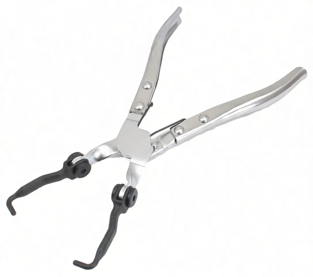 Angle view of chrome fuel line pliers highlighting pivot, handle latch and black swivel jaw assemblies