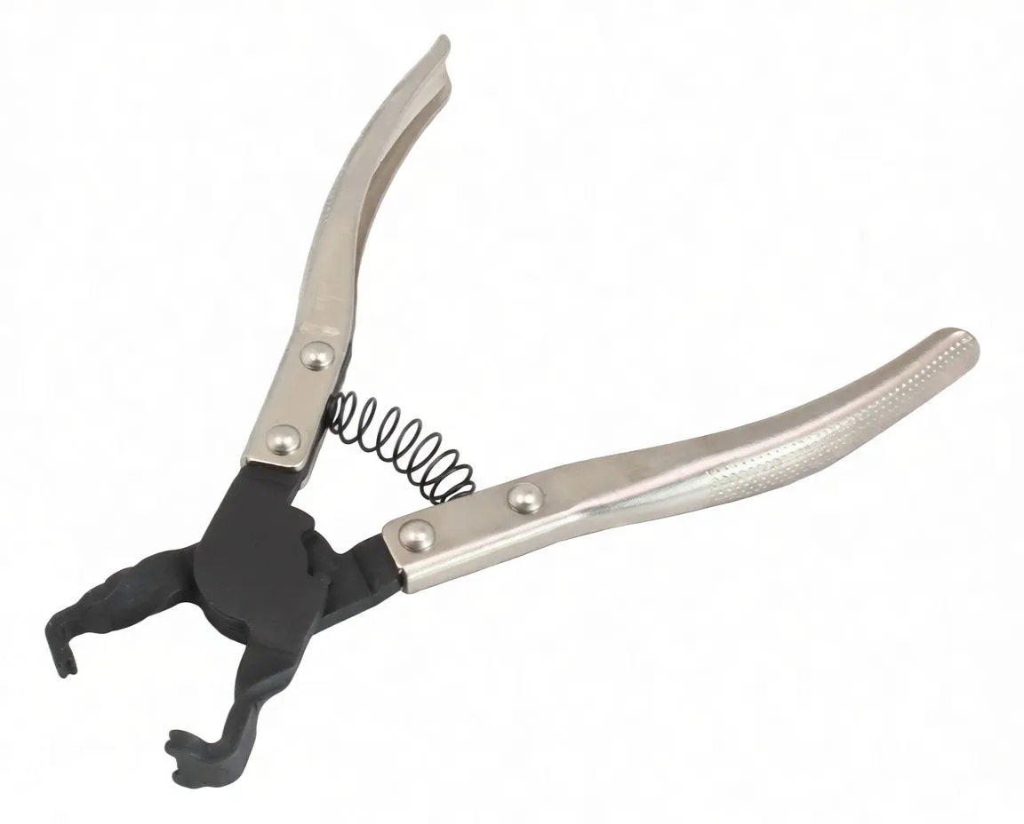 Fuel line pliers open, showing hooked multi-prong jaws, coil spring and textured stainless handles