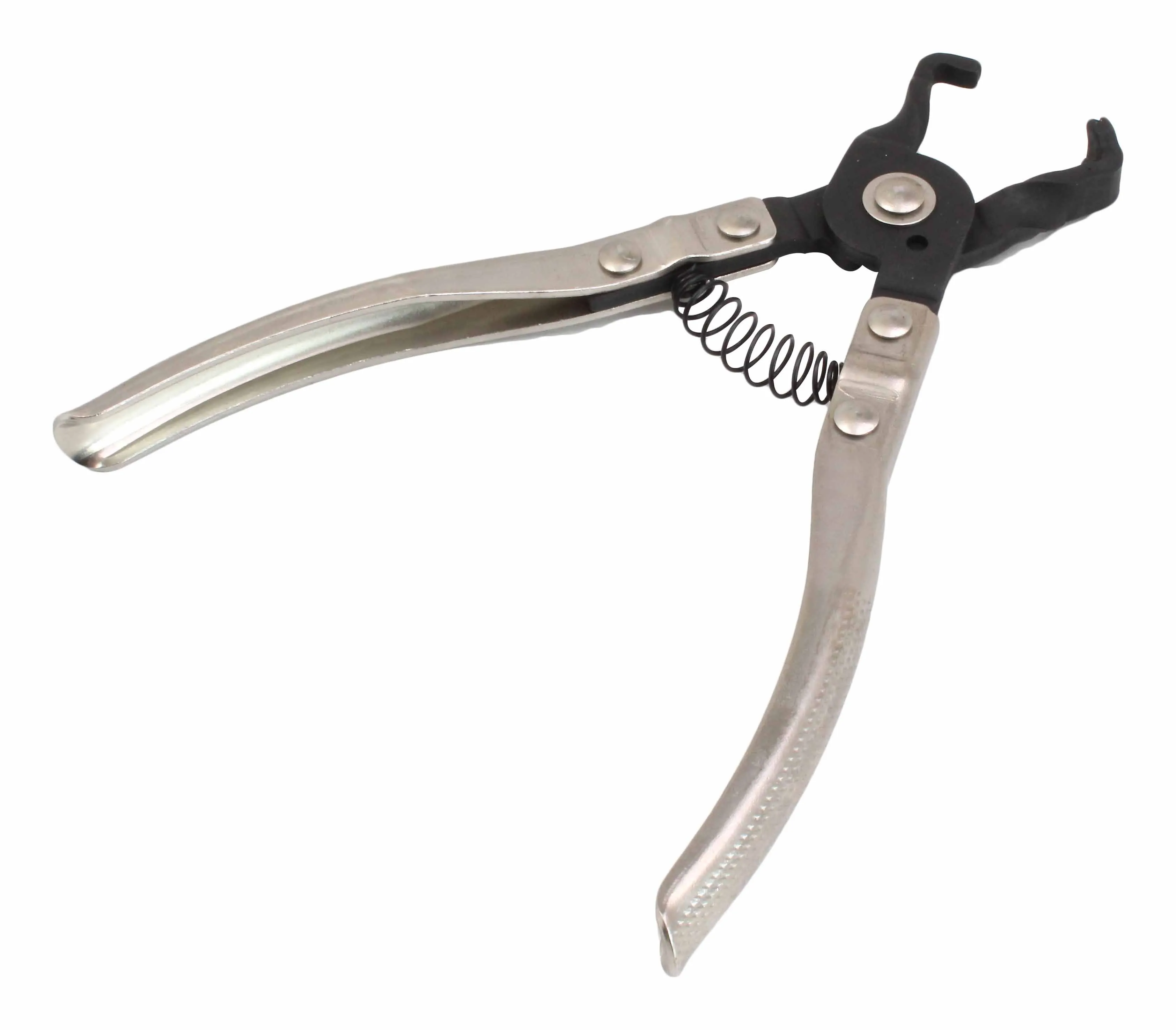 Fuel line pliers viewed from above, displaying hooked jaws, pivot rivets, coil spring and polished curved handles