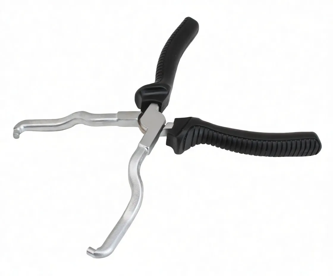 Top view of open fuel-line connector pliers showing curved serpentine jaws with hooked tips and black textured handles