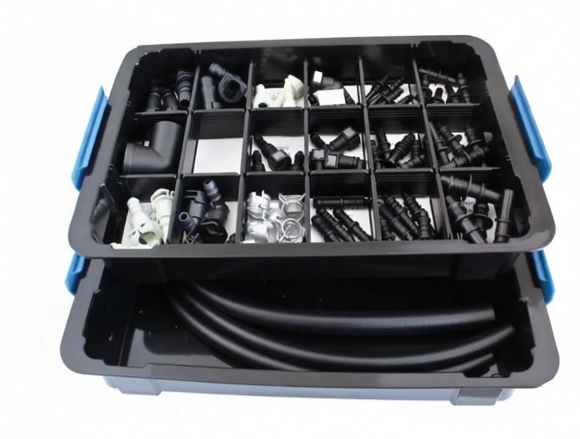 Array of black and cream plastic fuel connectors, elbows and barbed adapters with two metal hose clamps on a white background.