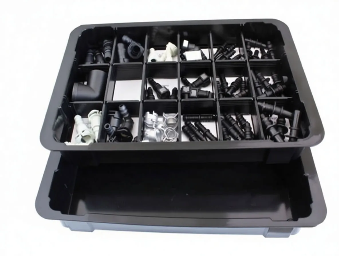 Bundle of translucent white tubing or sleeves next to four short black fuel hose sections with white printed markings.