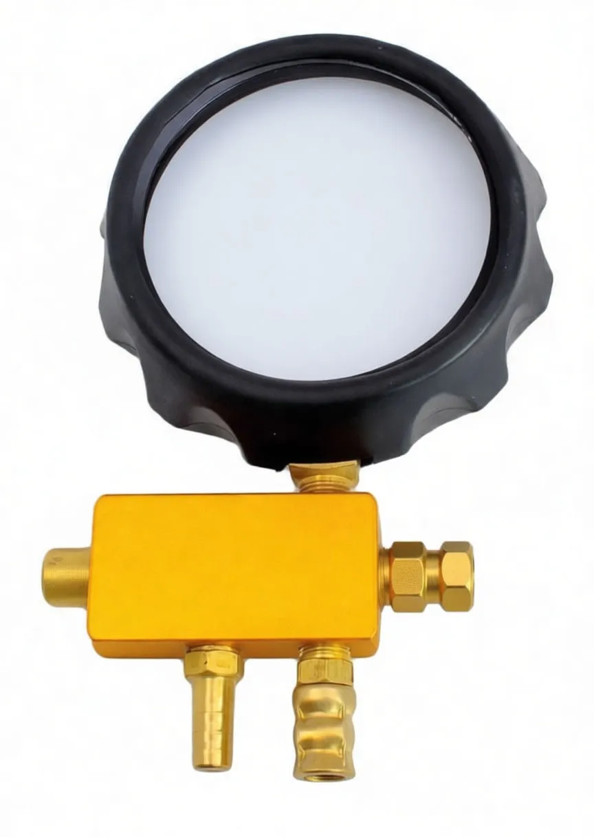 Close-up of pressure gauge with white dial, psi/bar markings and gold manifold block with hose ports and 'S' marking