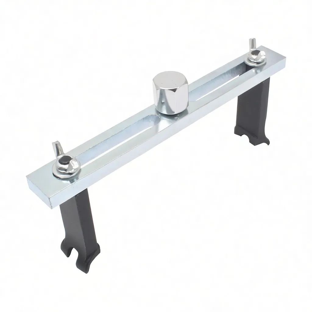 top view of slotted zinc bar spanner with black removable hooks and central socket recess