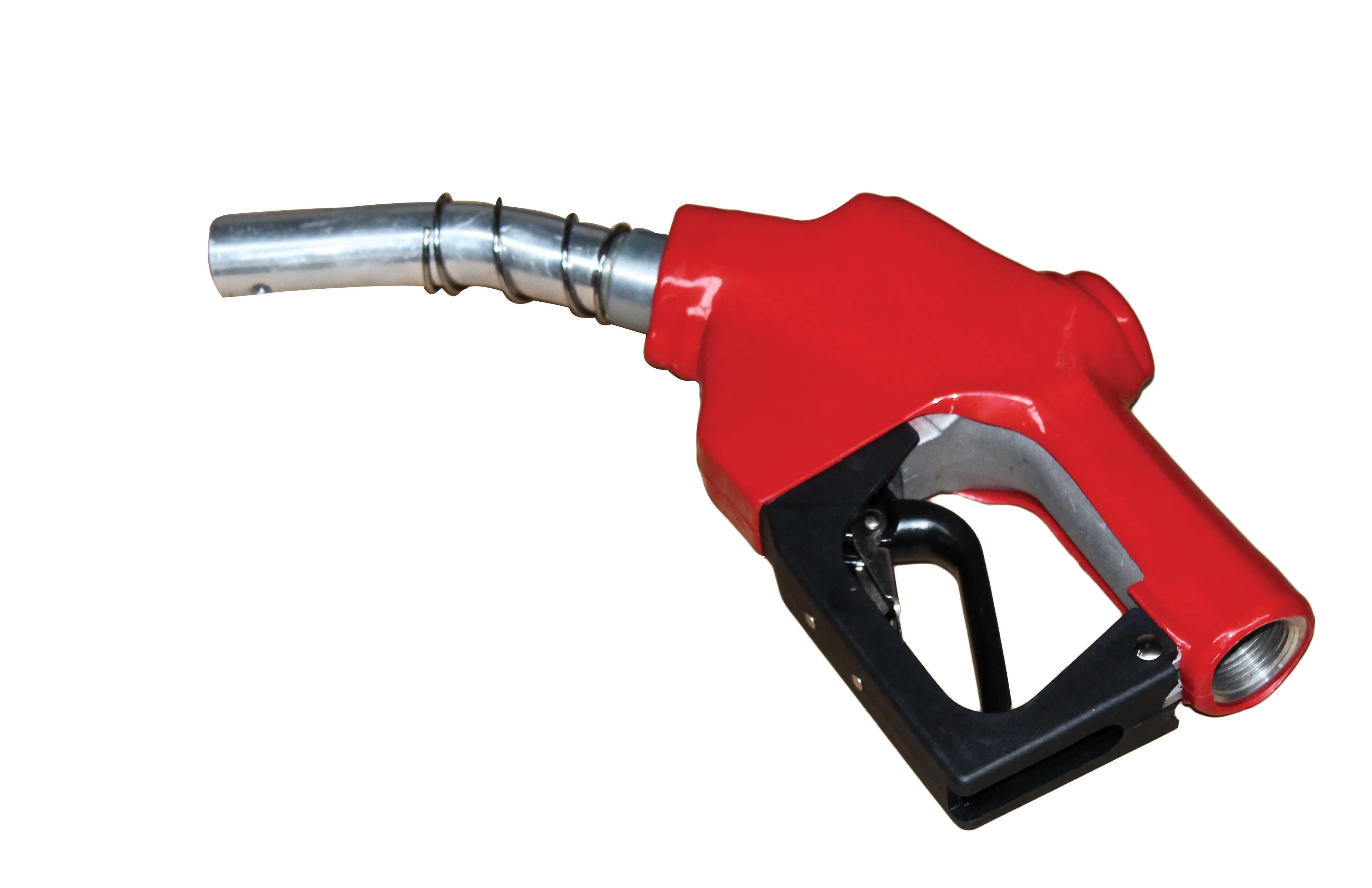 Close-up of red fuel nozzle with metal spout, black trigger and threaded inlet