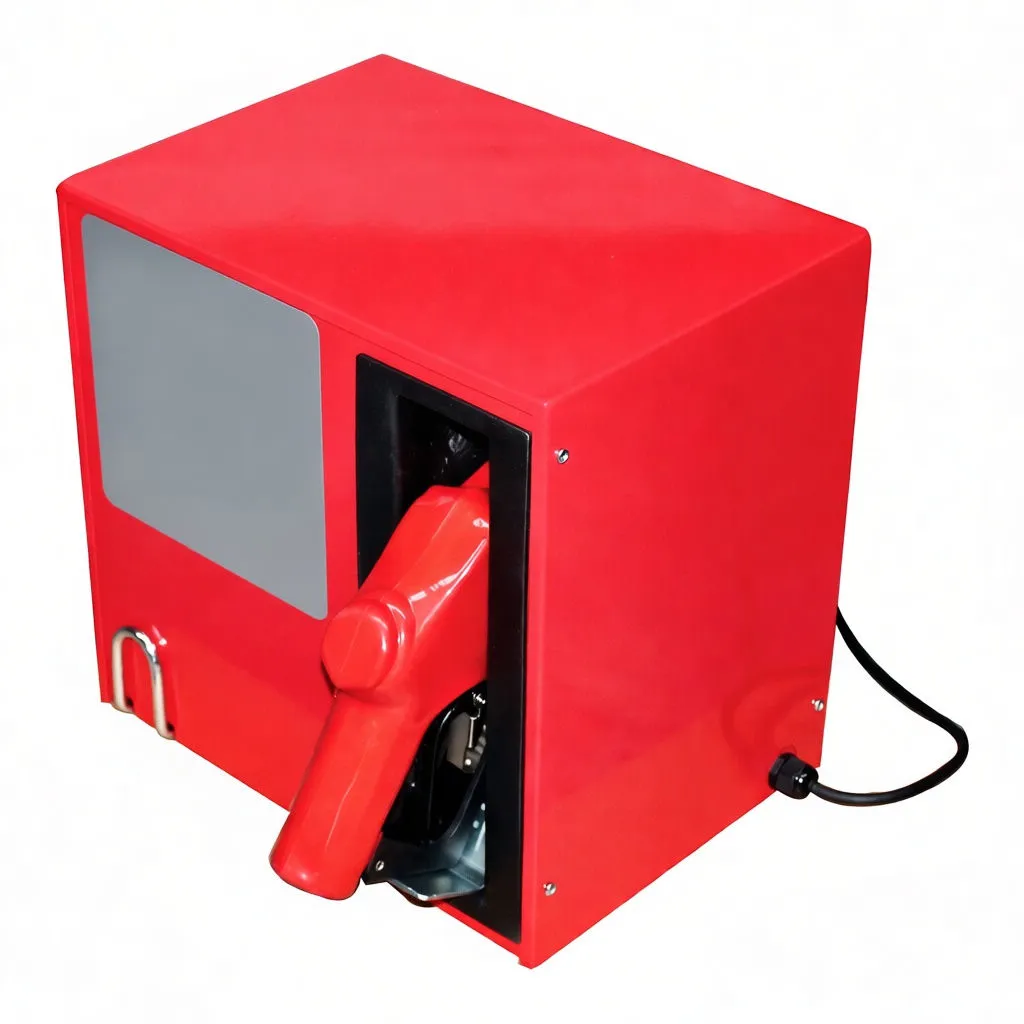 Angled left view of red fuel transfer pump kit showing meter plate, side inlet openings and nozzle