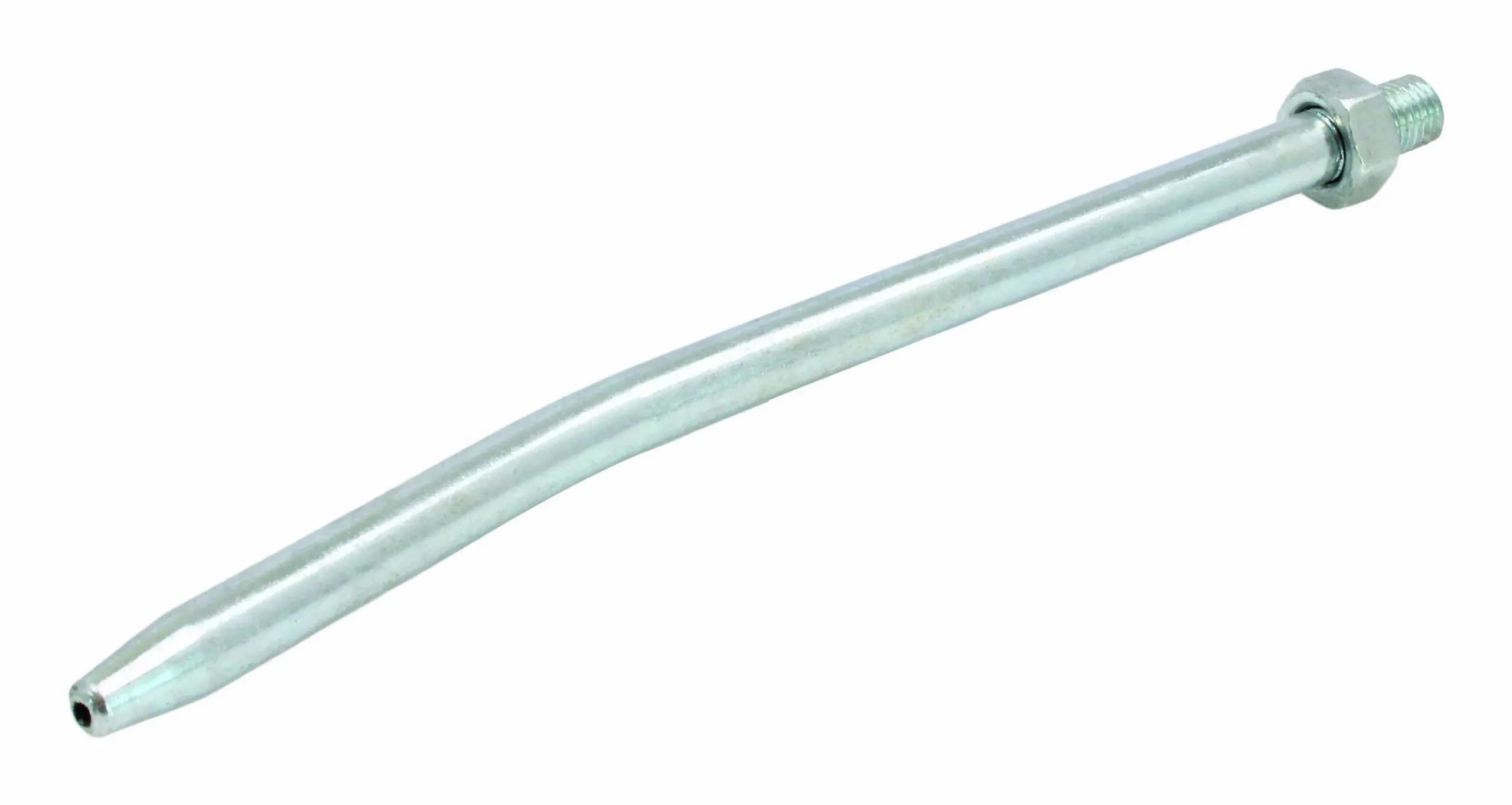 Angled view of curved silver oil tube with tapered nozzle and threaded end with nut