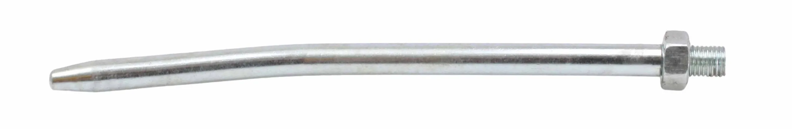 Side view of silver oil tube with tapered tip and threaded end with hex nut