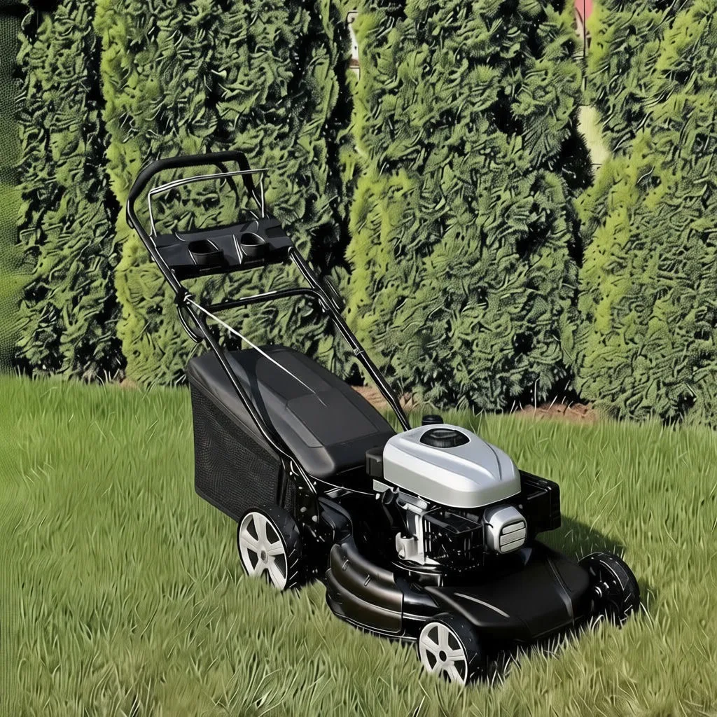 Close-up of engine side with metal 'OHV' cover, air intake shroud and deck decal