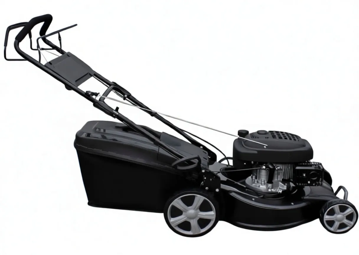 Angled view of petrol lawn mower showing engine, cutting deck, handle tray and 'saTra' bag
