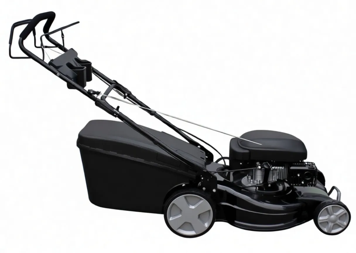 Rear of mower with grass box removed, gloved hand holding plastic insert and visible safety icons