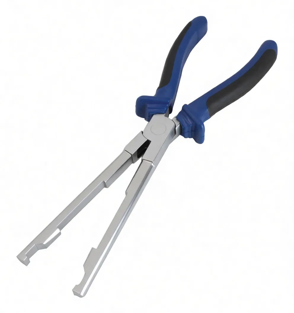Top view of glow plug connector pliers showing stamped marking near pivot and long slotted jaws with notches