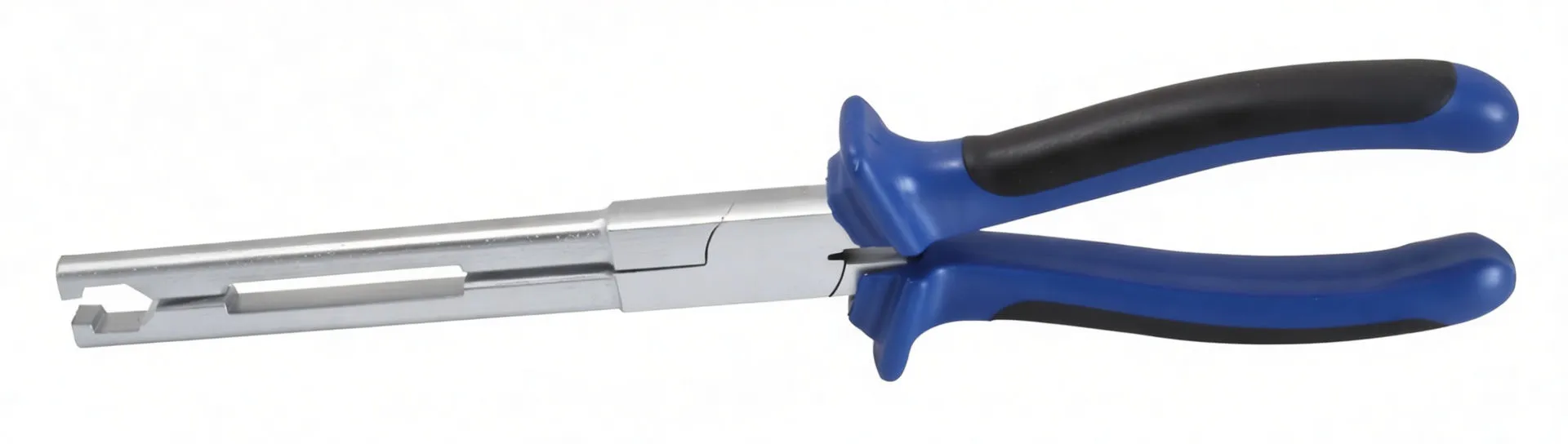 Side profile of long-jawed glow plug connector pliers with blue and black handles and a stamped code near the pivot